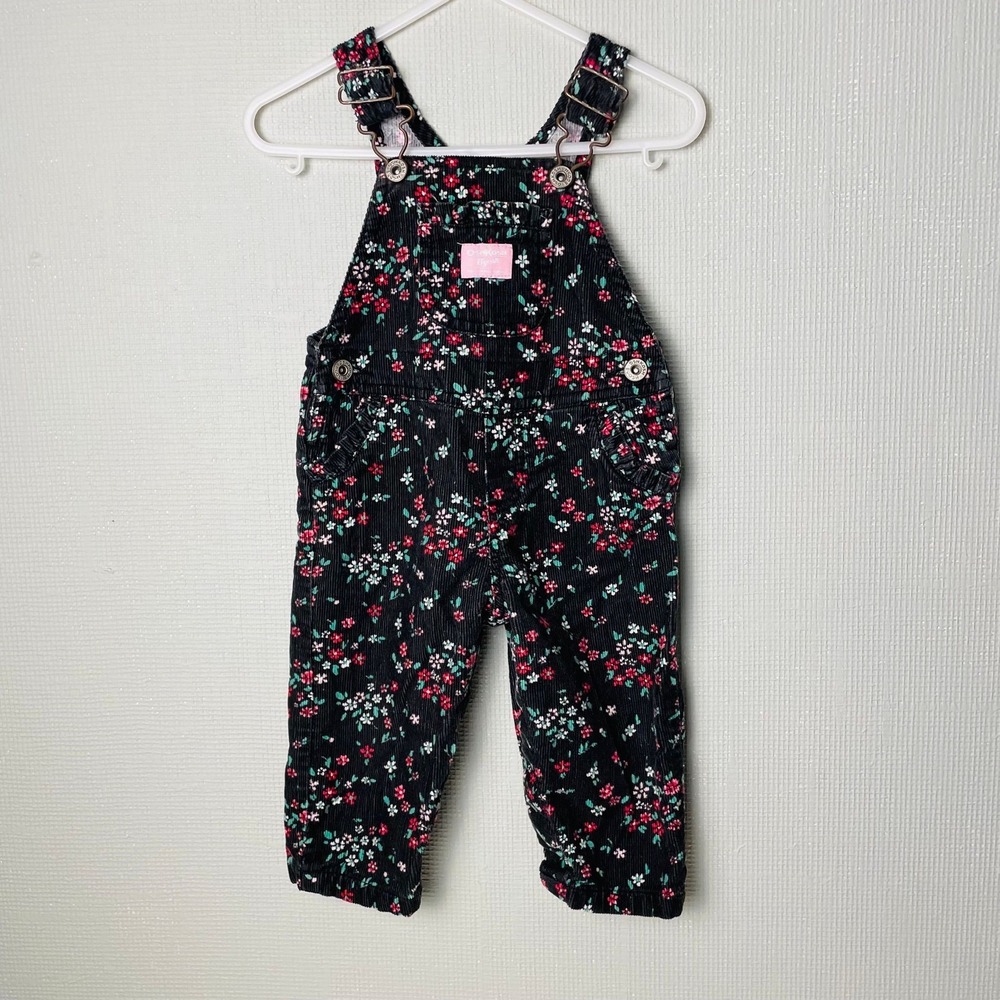 Vtg OshKosh B'gosh Overalls Black Floral Corduroy Bibs Girl 9 Months Cottagecore
